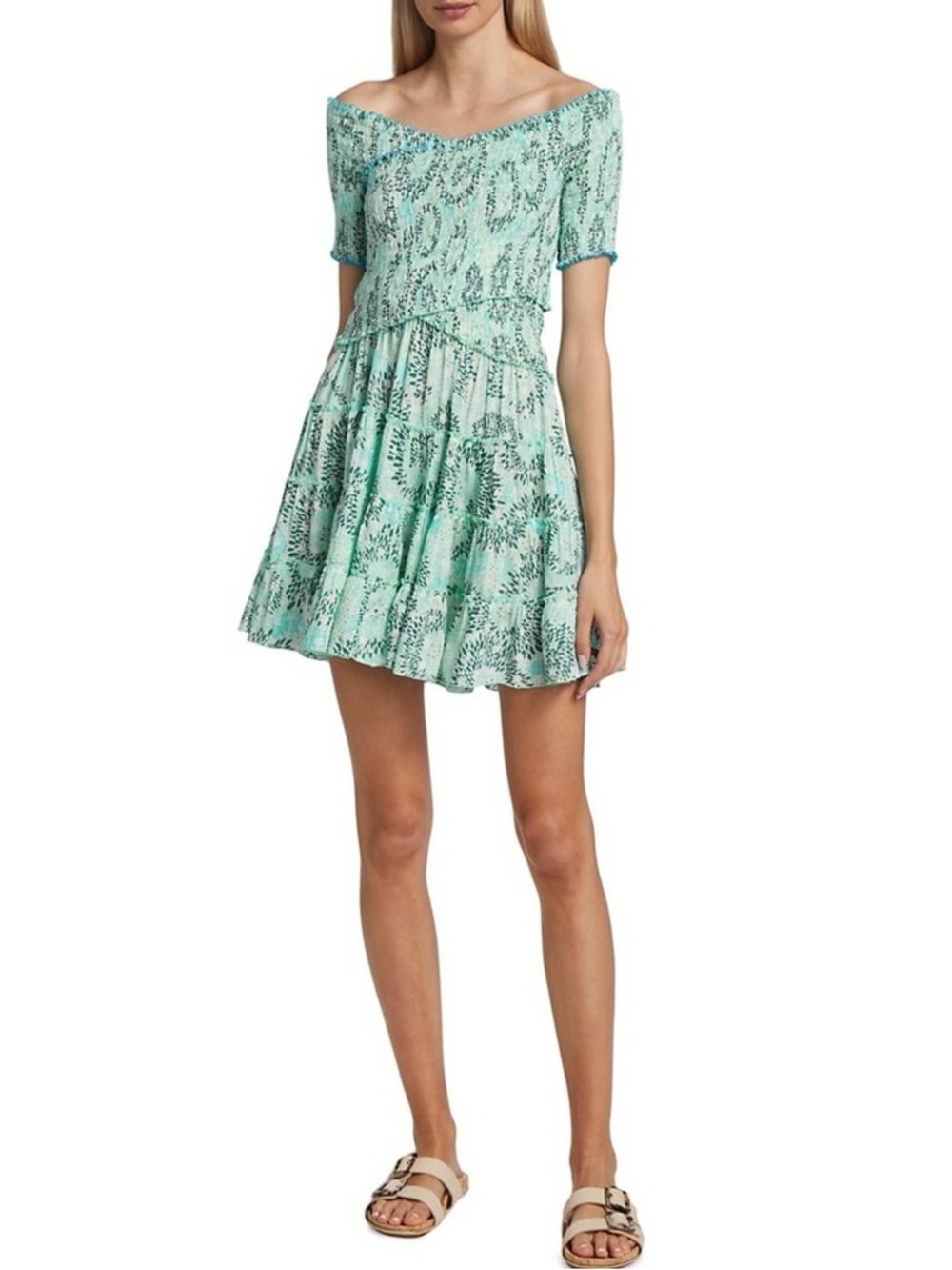 Poupette St. Barth Mint Green/Turquoise Blue Off-Shoulder Soledad Mini Dress‎ S